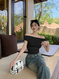 Ins Side-To-Shoulder Sexy Hot Girl Pure Desire To Collar Short-Sleeved T-Shirt Girl Summer Slimming Bottom Top Girl
