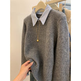 KANING Gray Fake Two-Piece Knitted Jersey Woman 2026 Autumn New Polo Collar Long-Sleeved Sweater Inside