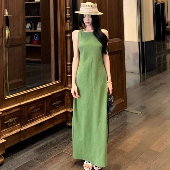 2025 Holiday Style Retro Green Vest Dress Women's Summer Waist Is Thin And Chic Niche Dress