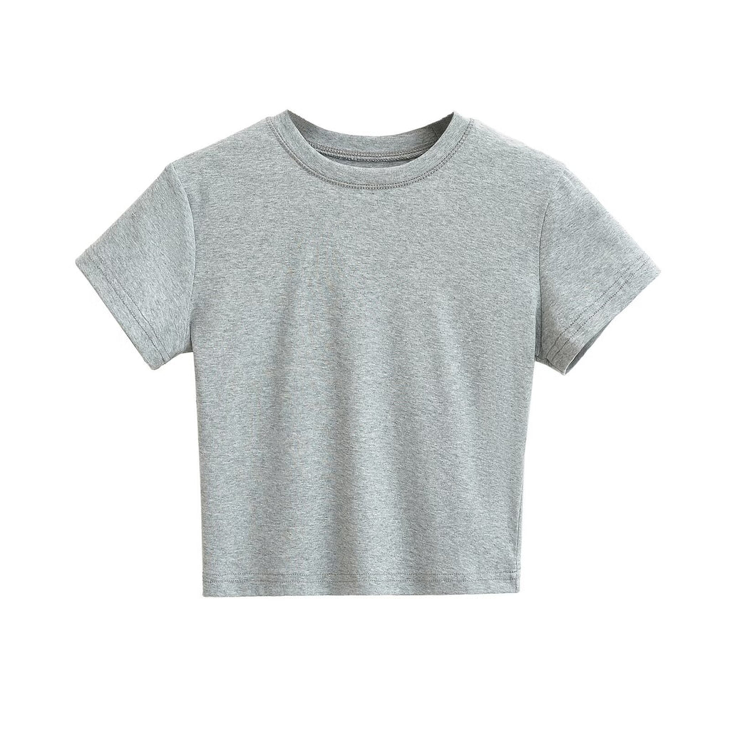 Vintage Summer Basic Short-Term Navel Collar Short-Sleeved T-Shirt Solid Elastic Bottom Top
