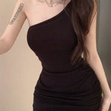 Sexy Pure Lusty One-Word Oblique Shoulder Dress Women's Summer Korean Design Sense Thin Bag-Buffed Ass Skirt