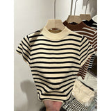 Half-High-Necked Striped Knitted Flying Sleeves To Fix The Little Shirt Girl's Short-Sleeved Bottom Shirt