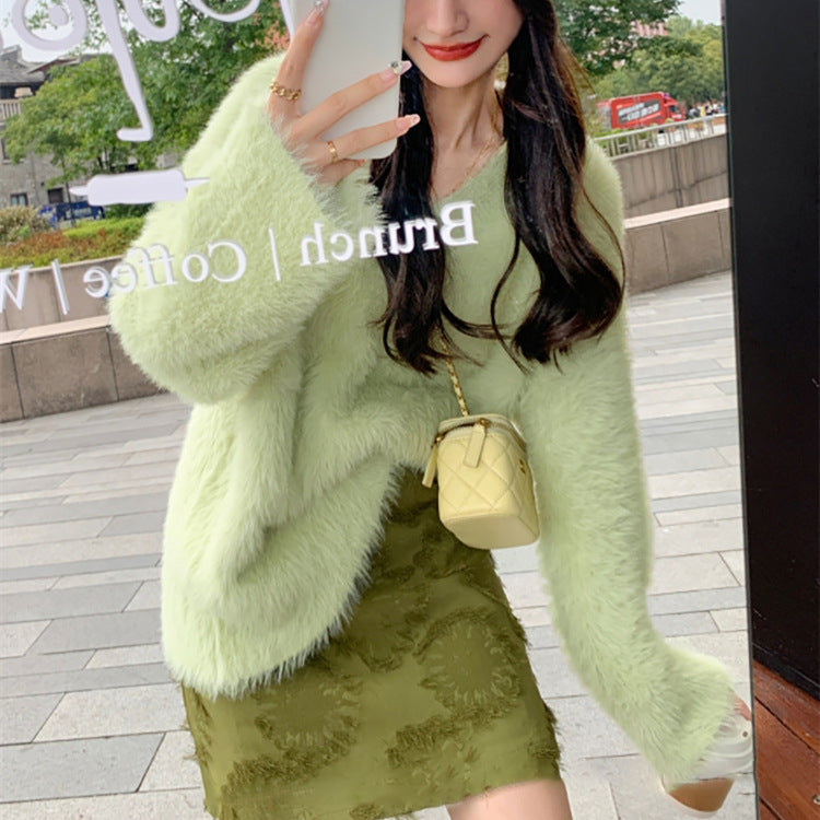 Autumn And Winter New Marinade V Lame V-Neck Loose Soft-Creative Sweet Jacket Sweater Pure Color Lazy Wind Thick Top Woman