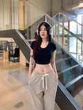 Ins Hottie Sexy Umbilly Short Pure Color T-Shirt Girl New Slim Slim Net Want U Collar Bottom Top Woman T-Tide