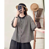 Non-Real-Sleeved Cotton Plaid Short-Sleeved Shirt Women's Summer Senshi Literary And Art Doll Collar Age Reduction Loose Shirt