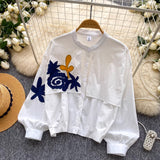 Korean Version Of Embroidery Patch Striped Temperament Shirt Women Summer Long Sleeves Loose Cardigan Design Sense Niche Commuter Top