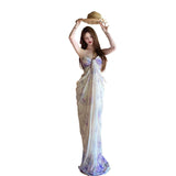 Net Yarn Holiday Style Purple Broken Flower Sling Dress Female Summer Sexy Bare Backpack Hip Dress Is Beautiful