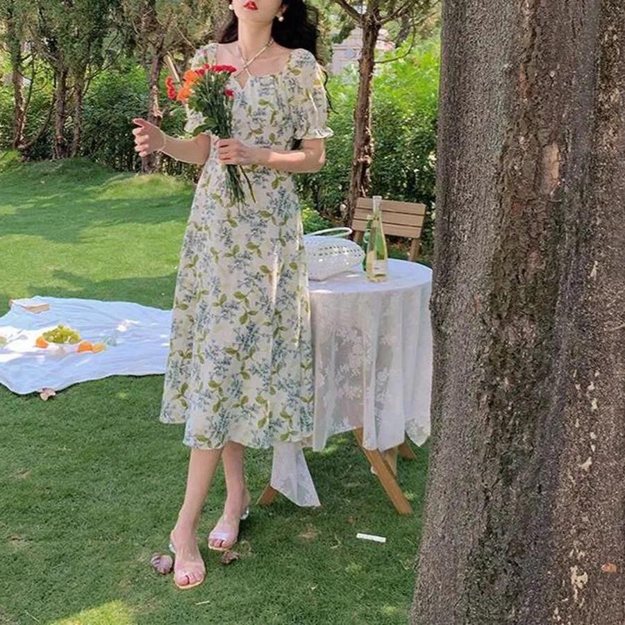 French Strapped With Broken Flower Dress Women's New Summer Long High-Rise Thin Open Fork Skirt Tide Collar
