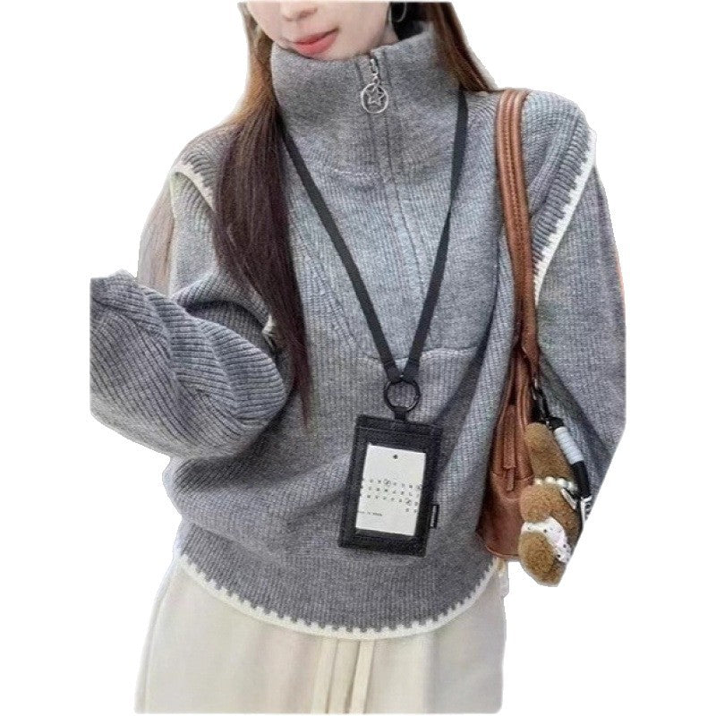 KANING Semi-Zipper Collar Loose Lazy Knitting Shirt 2026 Autumn And Winter New Design Sense Niche Hooded Sweater