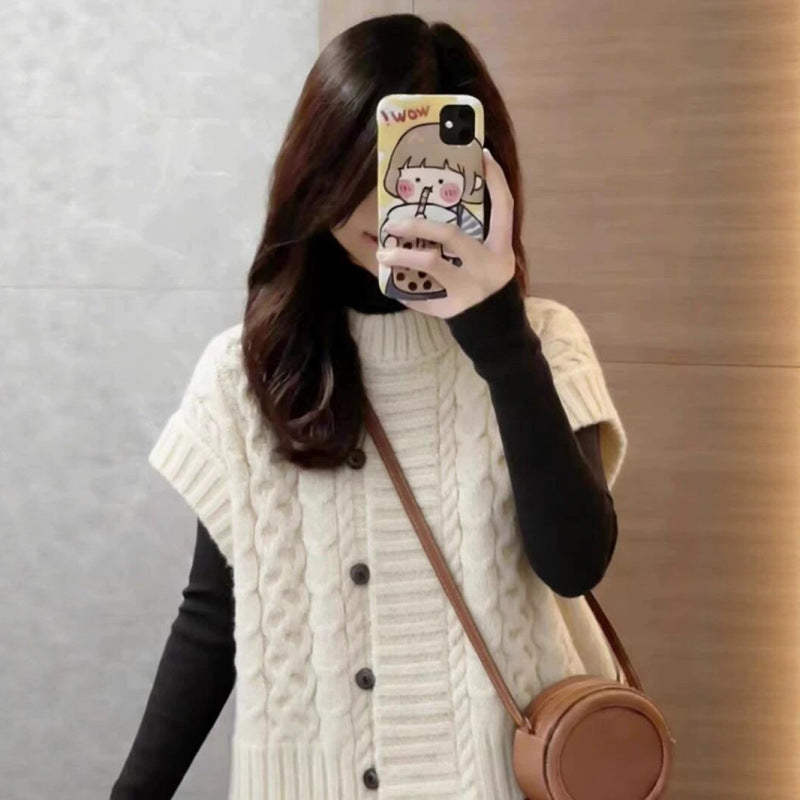 LEKA Senior Sense Shoulder Cardigan Knitted Vest Women's Autumn And Winter New Design Feel Chic Sleeveless Top