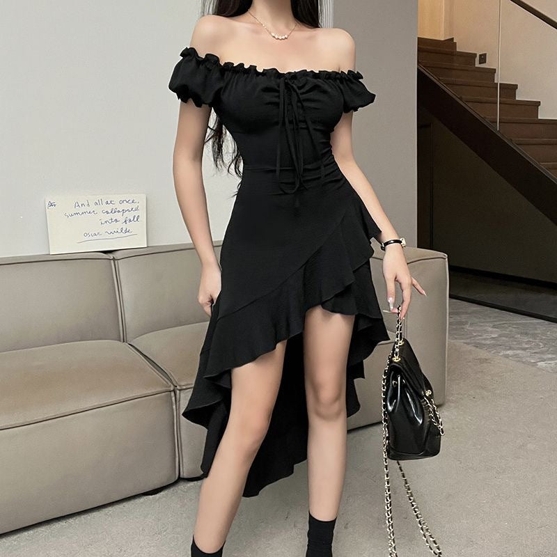 2026 Spring And Summer New Black Lotus Side Irregular Dress Women's Shoulder Shoulder Sexy Irregular Dress