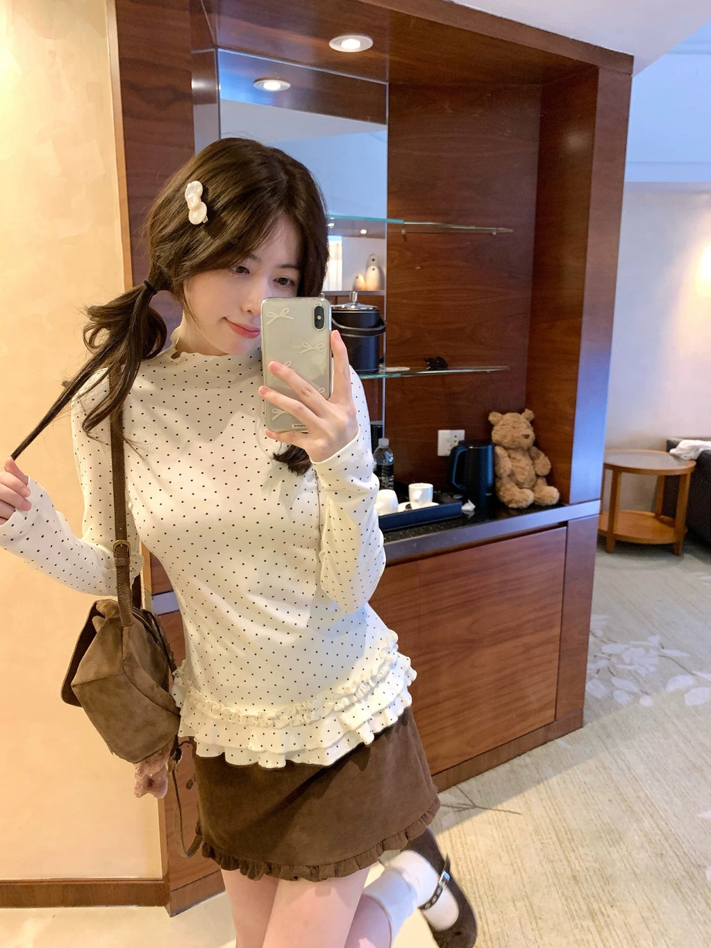 De-Huffed Brown Broken Flowers Spliced Bottom Shirt Women Autumn And Winter Half-High Collar Slimming Folding Inside Cloth