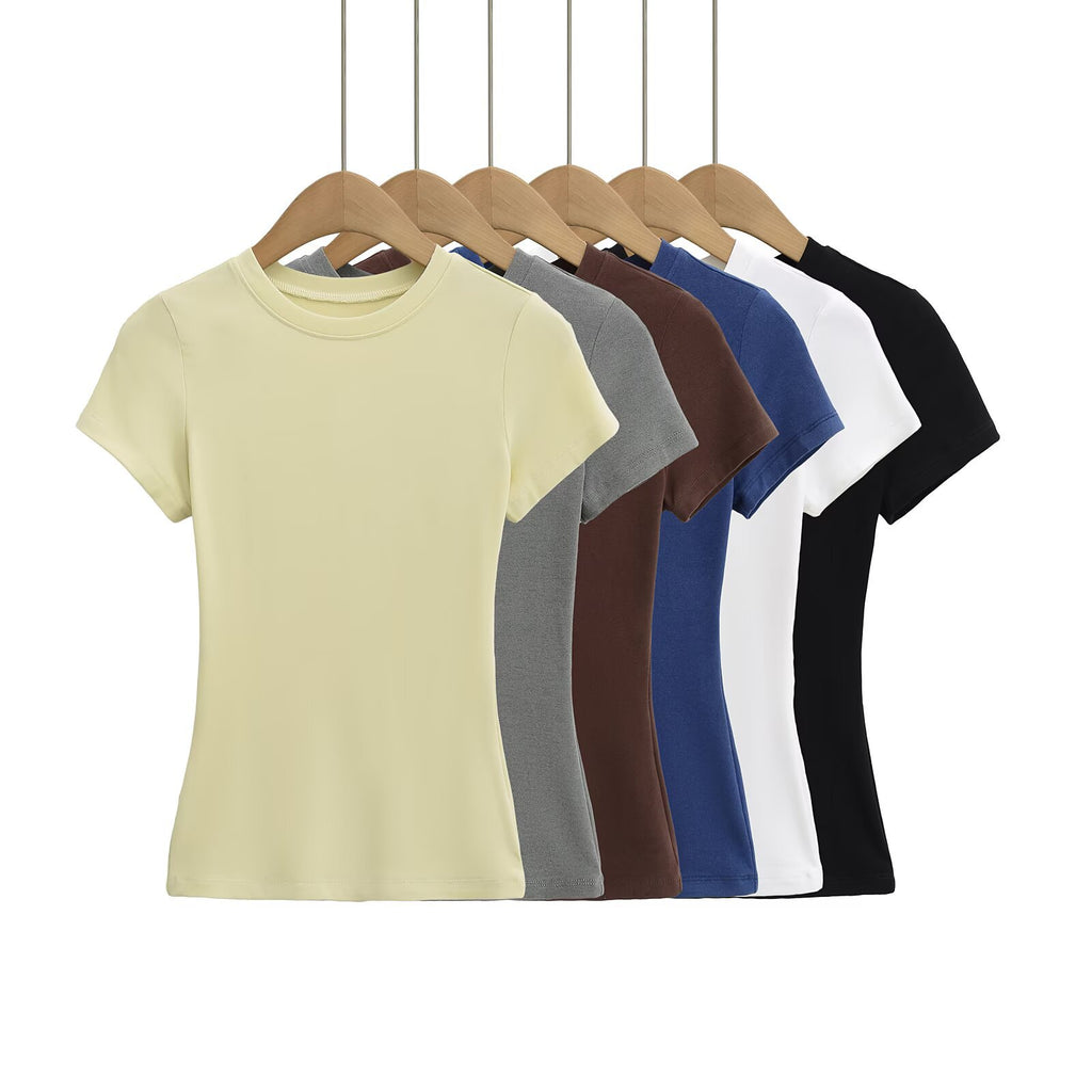 Spice Girls Summer Shoulder Elastic Collection Waist T-Shirt Solid Color Short Backpack Shirt Thin Round Neck