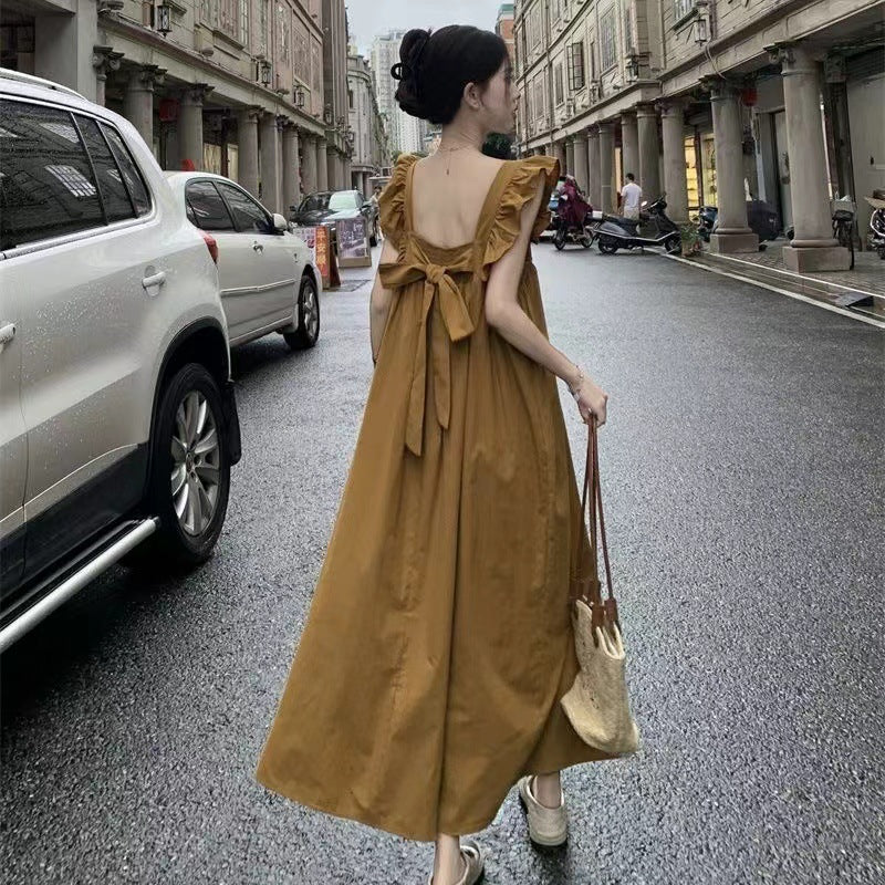 Sweet And Bare-Backed Flying Sleeve Bow Tie Dress Summer New Holiday Masked Thin Long Dress