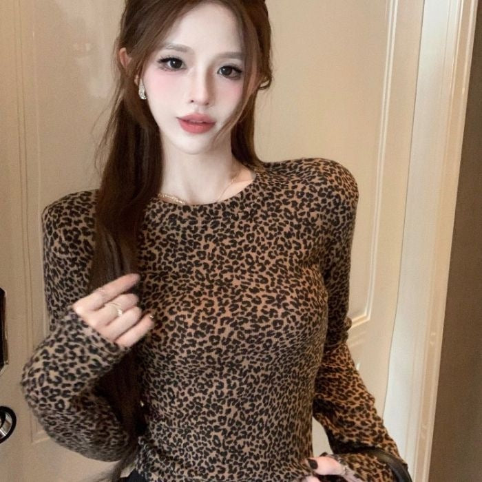 1*1 Threaded Leopard-Print Long-Sleeved T-Shirt Girl Autumn And Winter Hottie Sexy Short Shirt