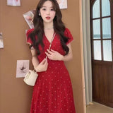 Sweet Red Blisters Bubble Sleeves V-Neck Dress Summer New Gentle Temperament High-Waist Vacation A Long Dress Woman