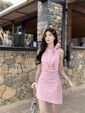 Pink Sleeveless Hanging Neck Dress Woman 2025 Summer Bow Beautiful Little Seaside Vacation Ass Skirt