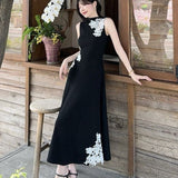 New Chinese Retro Windy Shoulder Lace Splicing Color Dress Female Summer Temperament Waist A-Character Dress