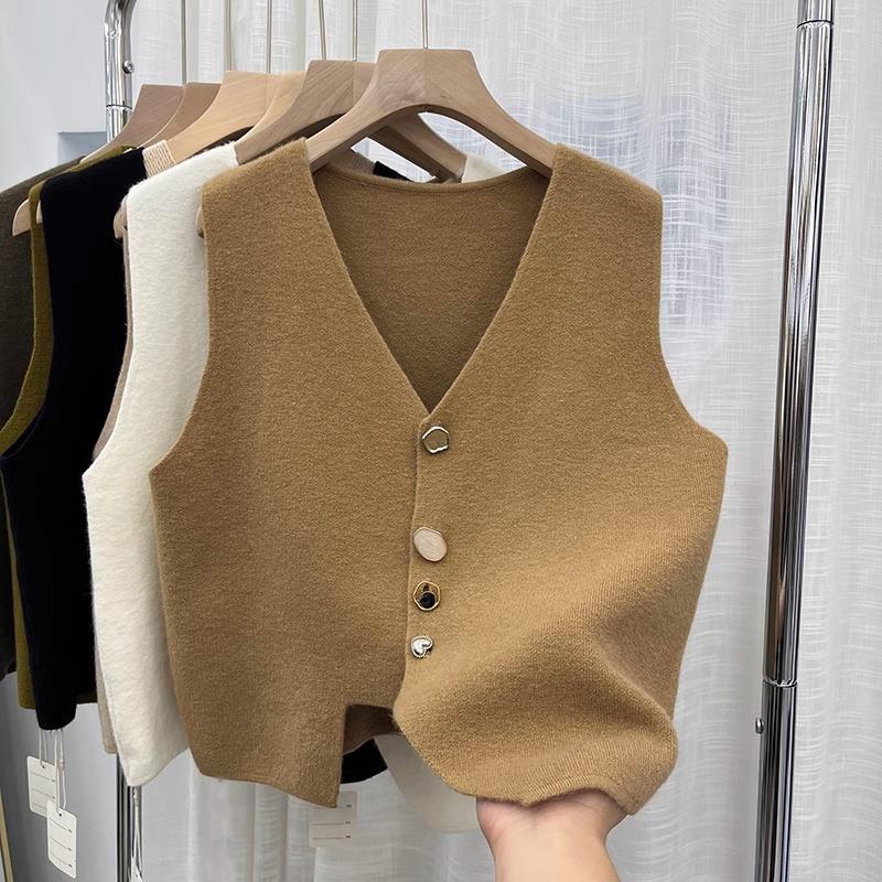 Designing A Small-Sized Button Irregular Vest Knitted Vest Woman's New Autumn 2025 Loose Outside The Shoulder