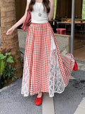 Korean Sweet Lace Spliced Red Lattice Half-Body Skirt Spring And Summer New College Style A Long Skirt