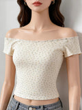 Sexy Pure Lust Thread Word Shoulder Broken Flower Slime Shoulder Short-Sleeved T-Shirt Girl Summer Hottie Thin Bottom Topess Female T