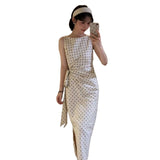 French Wave Point Sleeveless Dress Women's Summer High-End Temperament To Close The Waist Small Bag Hip Long Skirt