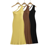 Pure Breeze Summer With Chest Cushions Inclined Shoulder Dress Irregularly Received Waist A-Character Dress Dress Dress Dress