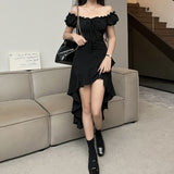 Black Lotus Side Irregular Dress Women's Summer New Word Shoulder-To-Shoulder Sexy Long Skirt