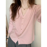 KANING Autumn Knitted Cardigan Girl Gentle Pink V Collar Thin Sweater Short Loose Top Tide