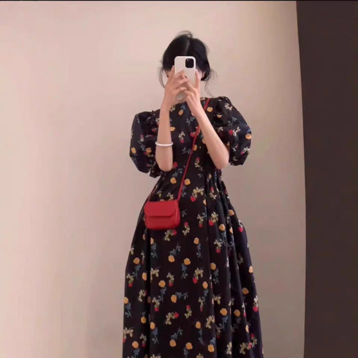 French Retro Black Collar Bubble Sleeve Shirt Dress Summer Waist Swing A Word Holiday Dress Woman