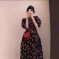 French Retro Black Collar Bubble Sleeve Shirt Dress Summer Waist Swing A Word Holiday Dress Woman
