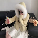 KN Hooded Removable Large Collar Knitted Jersey 2026 Autumn And Winter New Design Women's Soft-Creinable Sweater Jacket