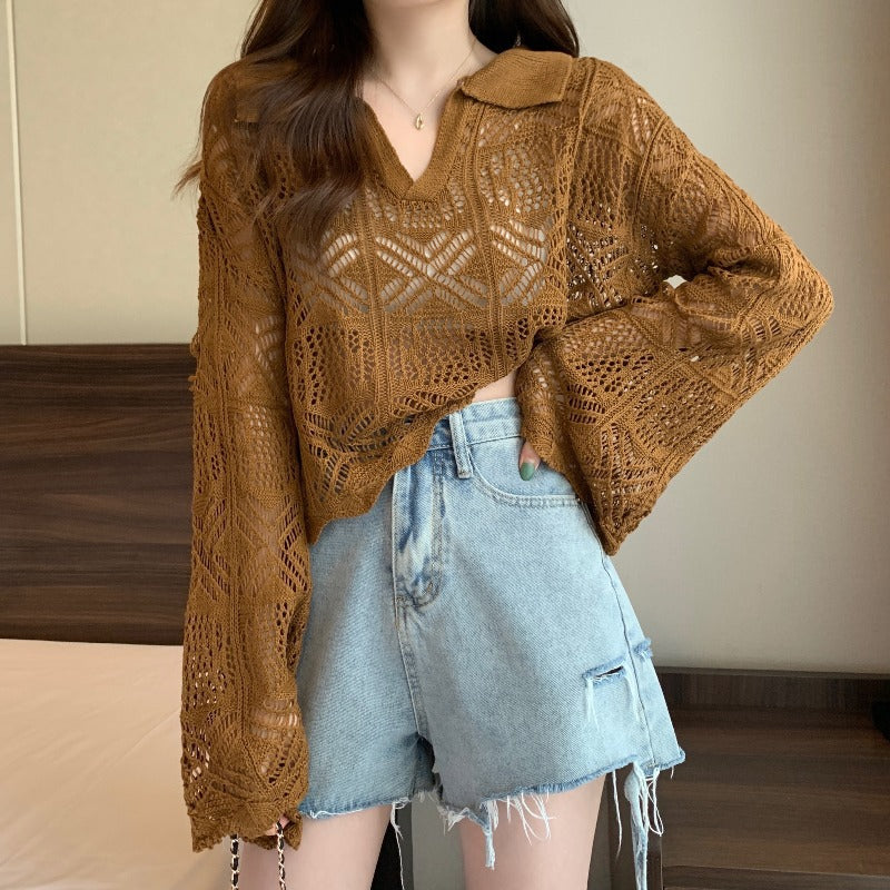 Kaning Hollow Design Hooded Long-Sleeved Knitted Shirt 2026 Autumn And Summer New Horn Sleeve Hottie Top Girl