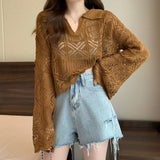 Kaning Hollow Design Hooded Long-Sleeved Knitted Shirt 2026 Autumn And Summer New Horn Sleeve Hottie Top Girl