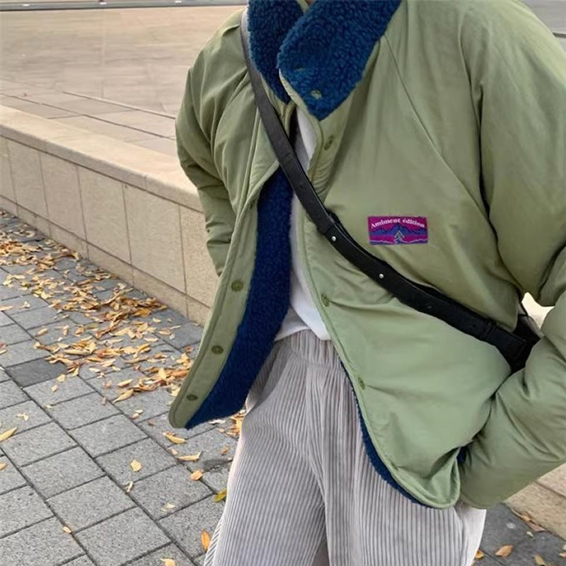 Simple Winter Positive And Reverse Two Small Labels Bump Color Lamb Hair Loose Leisure Warm Short Coat