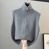 High-Collar Zipper Knitted Vest Vest Women 2025 Spring And Autumn Winter New Loose Folded Horse Clip Sweater Shoulder