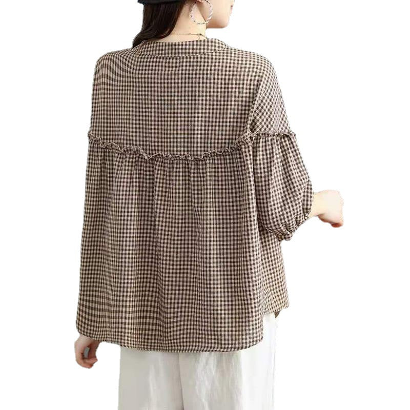 2025 New Imitation Cotton Shirt Women Seven-Point Sleeve Korean Version Of Loose Leisure Size Shirt Lined-Up Top