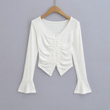 V-Necked Women's Niche Hottie Double Zipper Wrinkle Folded T-Shirt Pure Desire To Hit The Bottom Of The Top Horn Sleeve