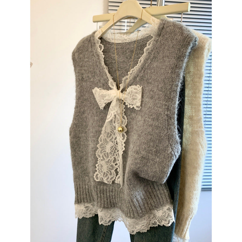 KANING Lace Bow V-Neck Sweater Vest 2026 Early Autumn New Women's Clothing Folded Sleeveless Knitted Top