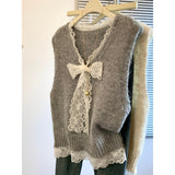 KANING Lace Bow V-Neck Sweater Vest 2026 Early Autumn New Women's Clothing Folded Sleeveless Knitted Top