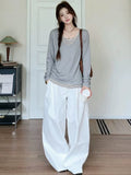 Snowflake Cotton Korean White Striped Fake Two Casual Long-Sleeved T-Shirts Folded V-Necked Women