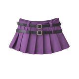 Vintage College Style Ultra-Low-Waund 100-Folded Skirt Hottie Double Belt Folding Anti-Light A-Word Super Short Skirt