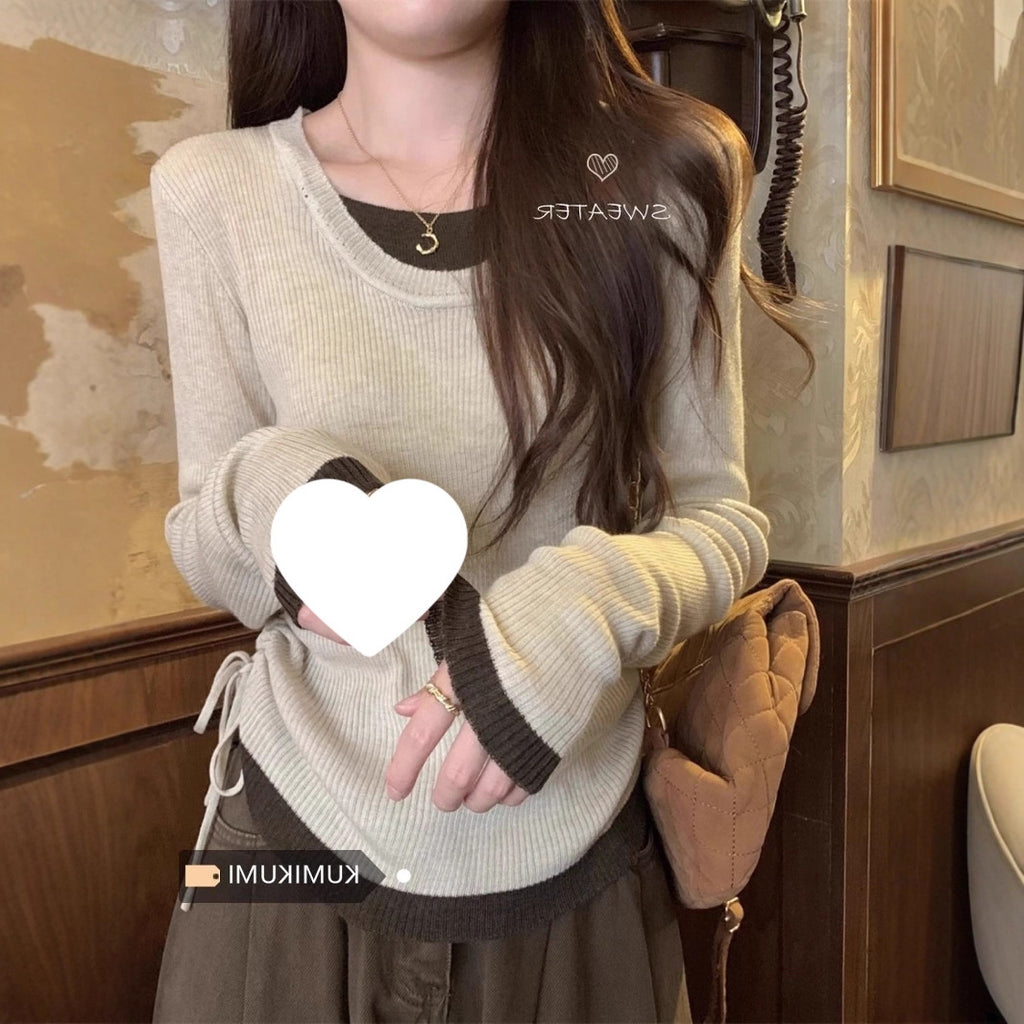 Fake Two Drawstrings Folded Long-Sleeved Women Early Autumn New Thin Design Top