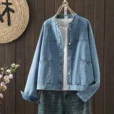 Real Shooting Large-Size Thin Age-Lose Loose-Collared Cowboy Coat Woman