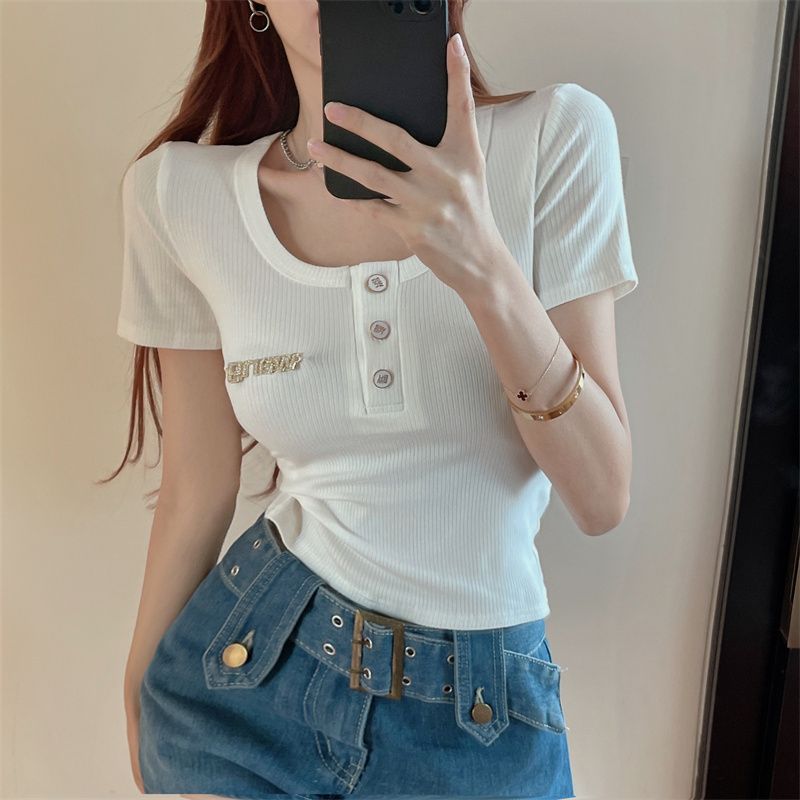 Summer Pure Style Sexy Button U Collar Short-Sleeved T-Shirt Design Design Slimming Chic Top