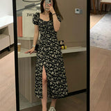 2025 New Veee Romantic Night Rose Black Fragum Bubble Sleeves French-Collared Open Skirt