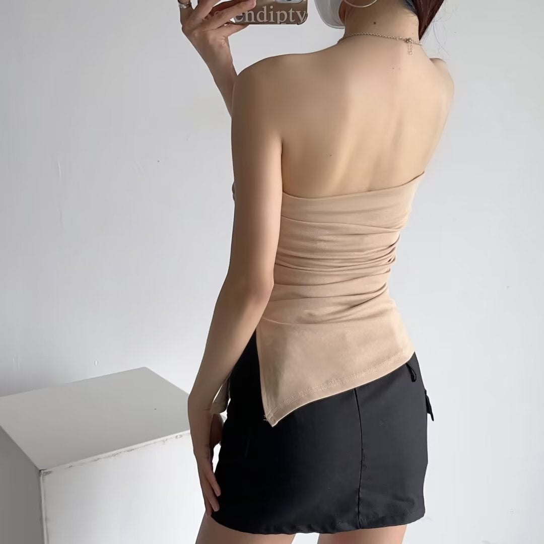 A Word-Collar Pure Desire To Slimen Shoulder Tective Blouse Folded Open Fork Solid Sexy Bottom Vest