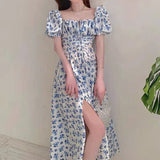 Blue Floral Dress Women's New Long Open Fork Dress Temperament Design Tea Break French Dress