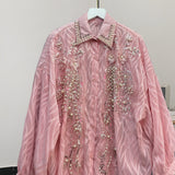 French New Korean Version Of The Long-Sleeved Shirt Women's Design Sense Of The Middle And Long Heavy Industry Lazzling Diamond Top