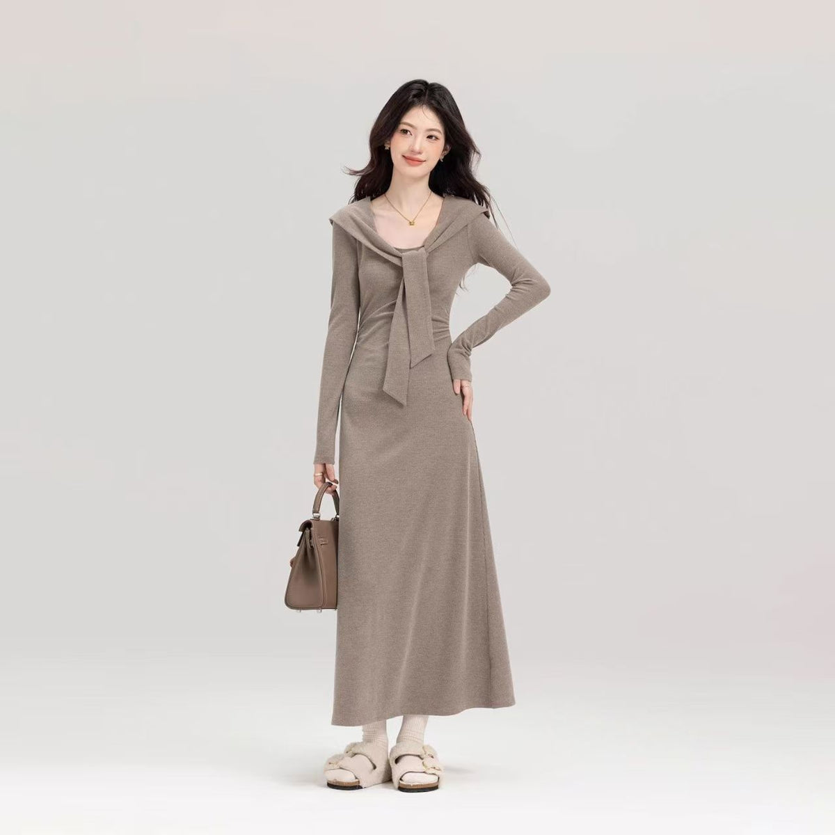 2025 New Solid Color Ouyang Early Autumn Lazy Long Dress Commuting Waist Design Slim Dress